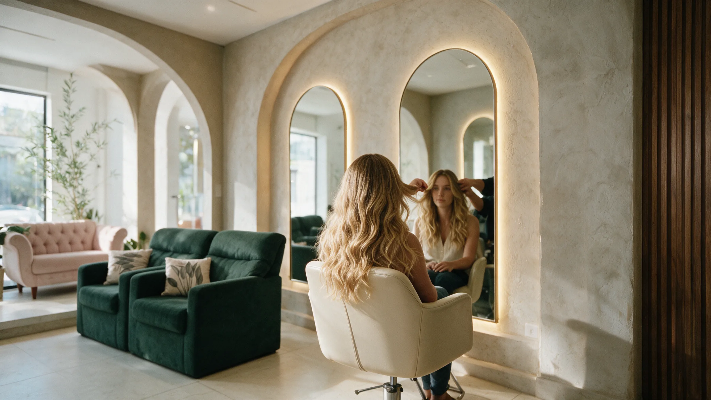 Estação de cabelo com espelhos em arco e luz quente, cabeleireira ajeitando os fios de uma cliente.